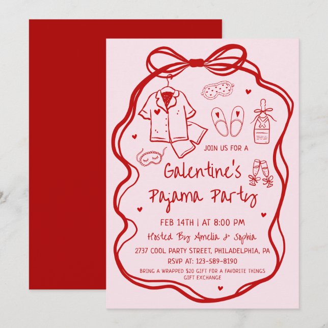 Whimsical Handritad Galentine's Pyjamasparty  Inbjudningar (Fram/baksida)