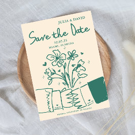Whimsical Handritad Grön Blommig Bröllop Spara Dat Datumet