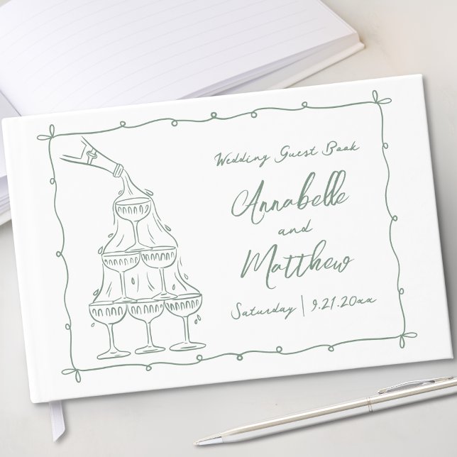 Whimsical Handritad Grön Bröllop Gästböcker (Whimsical Hand Drawn Green Wedding Guest Book)