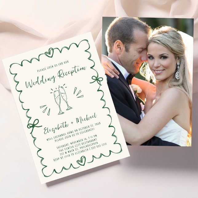 Whimsical Handritad Grön Foto Bröllopsmottagning Inbjudningar (Whimsical Hand Drawn Green Photo Wedding Reception Invitation)