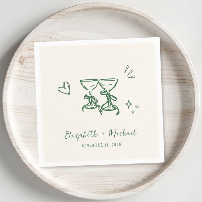 Whimsical Handritad Grön Kräm Bröllop Pappersservett (Whimsical Hand Drawn Green Cream Wedding Napkins)
