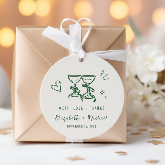 Whimsical Handritad Grön Kräm Bröllop Tack Gåvor Etiketter (Whimsical Hand Drawn Green Cream Wedding Thank You Favor Tags)