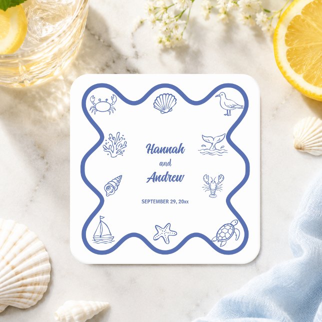 Whimsical Handritad Havsliv Bröllopsfavor Underlägg Papper Kvadrat (Skapare uppladdad)