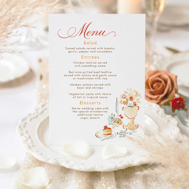 Whimsical Handritad Jordnära Höstbröllopsmeny Meny (Hand Illustrated Wedding Menu Card With Terracotta Earthy Retro Scene)