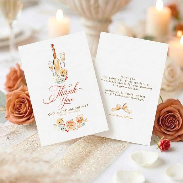 Whimsical Handritad Jordnära Liten Tack  Kort (Terracotta Whimsical Champagne Bottle and Bow Thank You Cards)