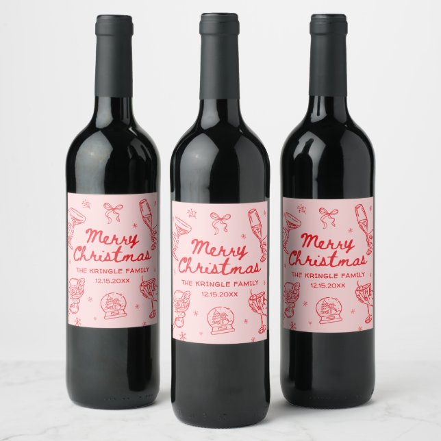 Whimsical Handritad Julfest  Vinflaska Etikett (Flaskor)