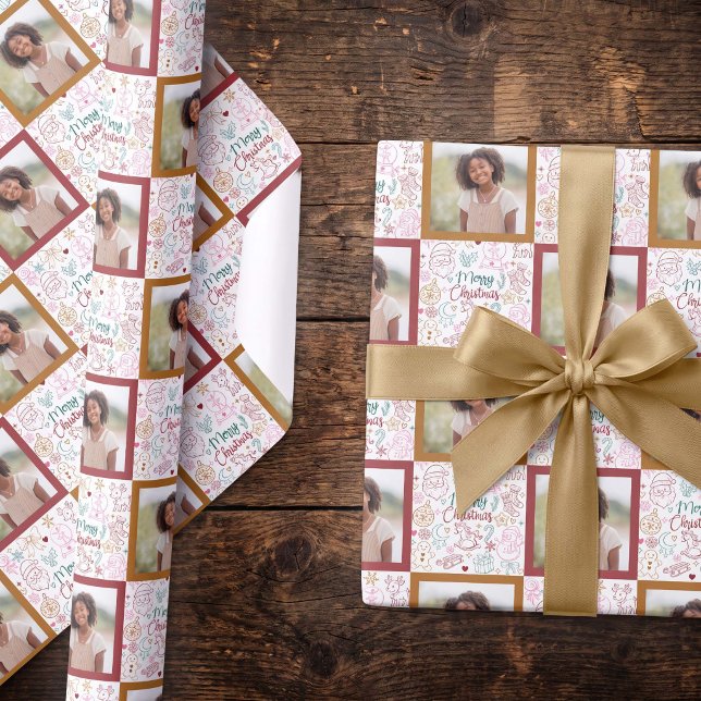 Whimsical Handritad Julklipp Foto Presentpapper (Cute doodles kids photo merry christmas gift wrap by Darling & May)