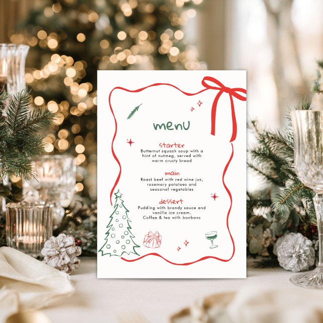 Whimsical Handritad Julmiddagsmeny Kort (Whimsical hand drawn Christmas dinner party invitation)