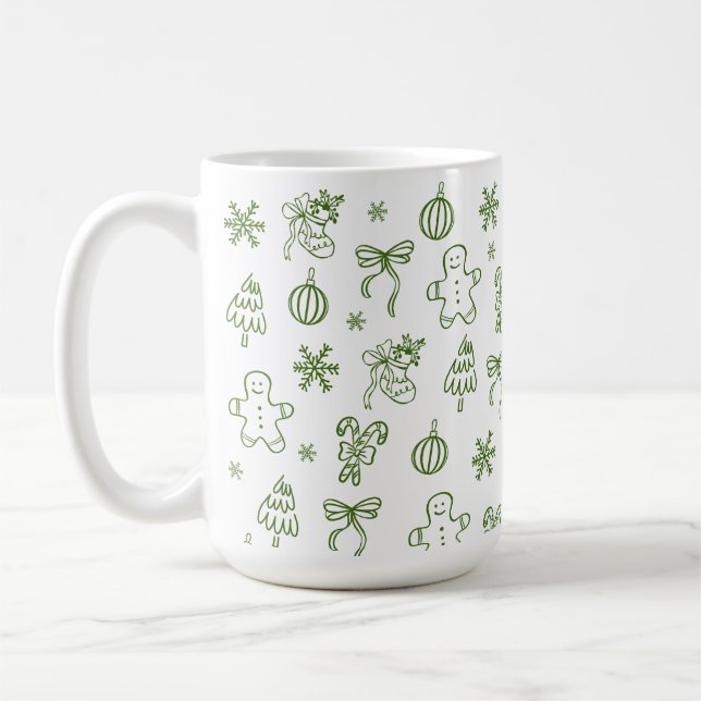 Whimsical Handritad Klotter Grön Kaffemugg (Vänster)