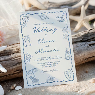 Whimsical Handritad Kustnära Strandbröllop Inbjudningar