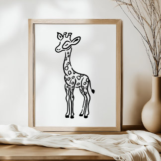 Whimsical Handritad Linje Konst Giraff Konst Poster
