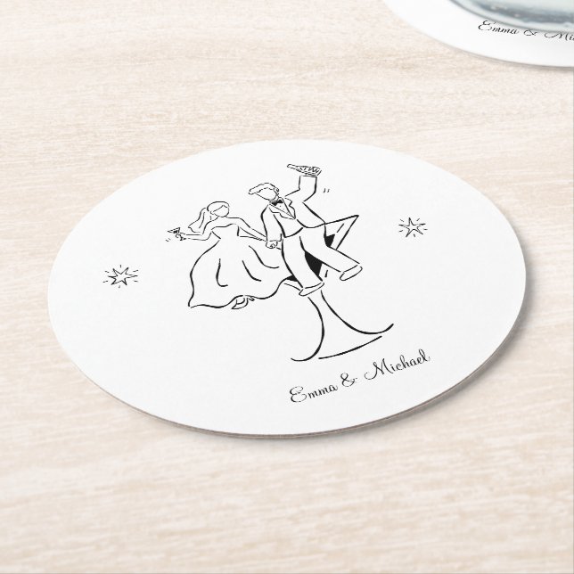 Whimsical Handritad Par Bröllop Engagemang  Underlägg Papper Rund (Vinklad)