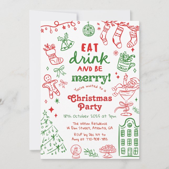 Whimsical Handritad Röd och Grön Julfest Inbjudningar (Framsida)