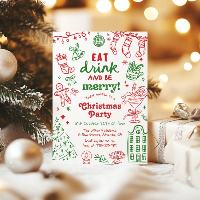 Whimsical Handritad Röd och Grön Julfest Inbjudningar (Skapare uppladdad)