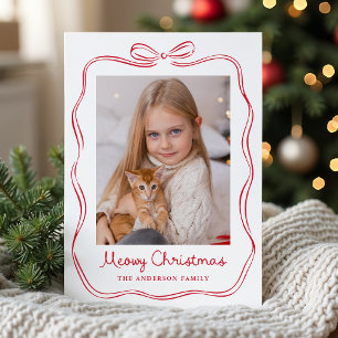 Whimsical Handritad Röd Slinga Meowy Jul Foto Julkort