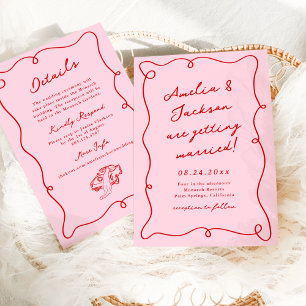 Whimsical Handritad Rosa & Röd Bröllop + Detaljer Inbjudningar