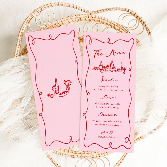 Whimsical Handritad Rosa & Röd Bröllop Meny (Skapare uppladdad)