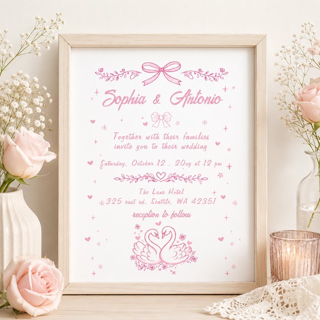 Whimsical Handritad Rosa Svanar Bröllop Inbjudningar (Whimsical Doodle Hand Drawn Pink Swans Wedding Invitation)