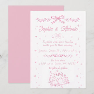 Whimsical Handritad Rosa Svanar Bröllop Inbjudningar