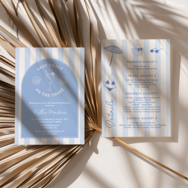 Whimsical Handritad Sista Skål Vid Kusten-fest Inbjudningar (Classy Blue And White Last Toast On The Coast Bachelorette Party Invitations with hand-drawn icons)