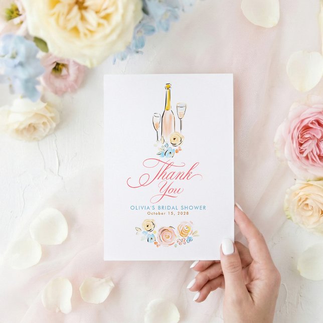 Whimsical Handritad Snygg Liten Tack  Kort (Pastel Flowers and Champagne Thank You Cards)