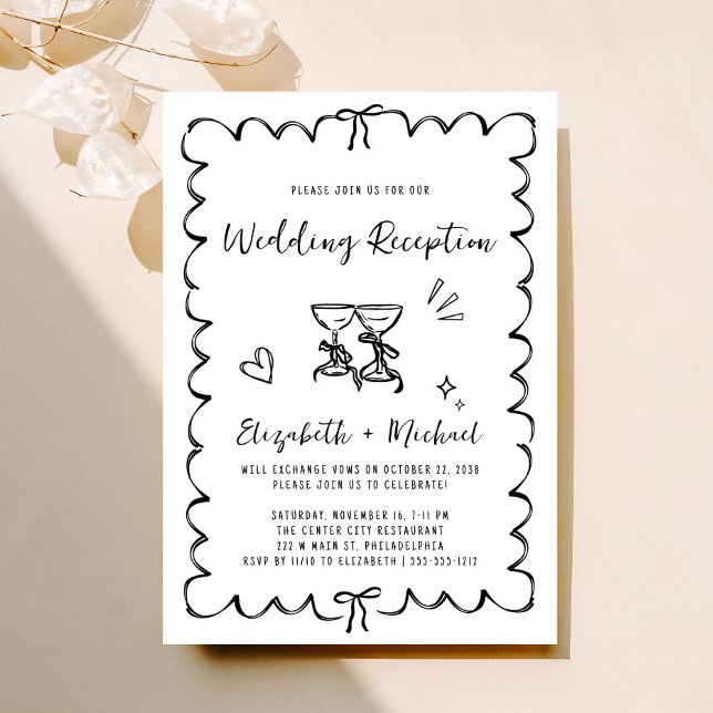 Whimsical Handritad Svart Vitt Bröllopsmottagning Inbjudningar (Fun reception invitation featuring whimsical hand drawn wine glasses with hearts + coquette bows)