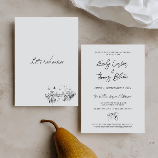 Whimsical Handritad Svart Vitt Övningsmiddag Inbjudningar (Whimsical Hand Drawn Black White Rehearsal Dinner Invitation)