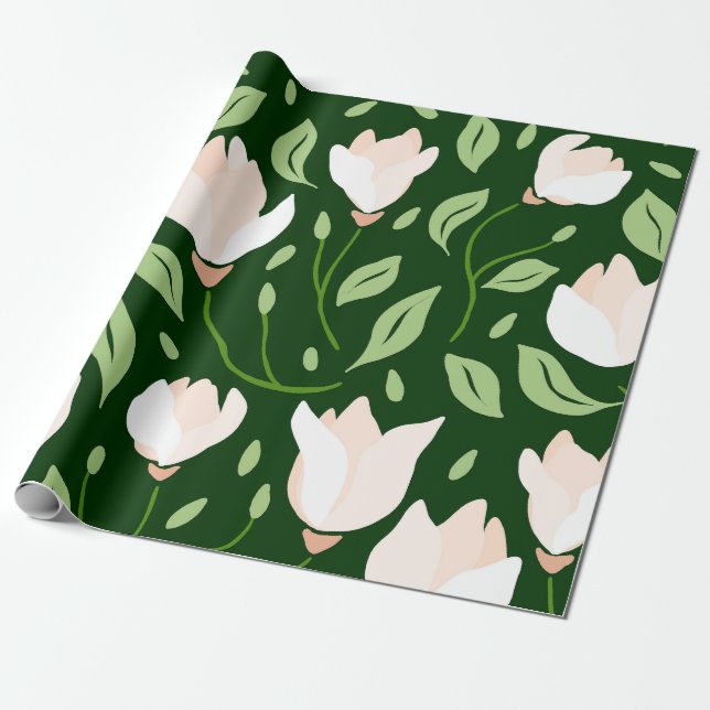 Whimsical Handritad Vit Magnolia Botanisk Presentpapper (Utrullad)