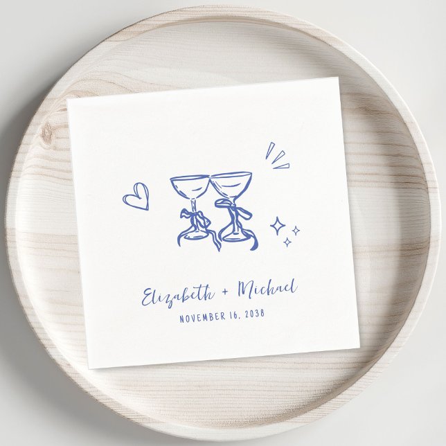 Whimsical Handritade Blå Vinglas Bröllop Pappersservett (Whimsical Hand Drawn Blue Wine Glasses Wedding Napkins)