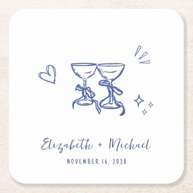 Whimsical Handritade Blå Vinglas Bröllop Underlägg Papper Kvadrat (Framsidan)