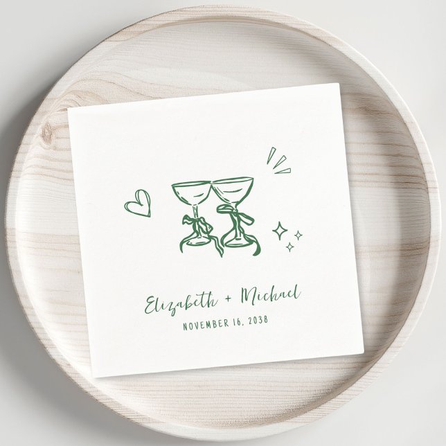 Whimsical Handritade Gröna Vinglas Bröllop Pappersservett (Whimsical Hand Drawn Green Wine Glasses Wedding Napkins)