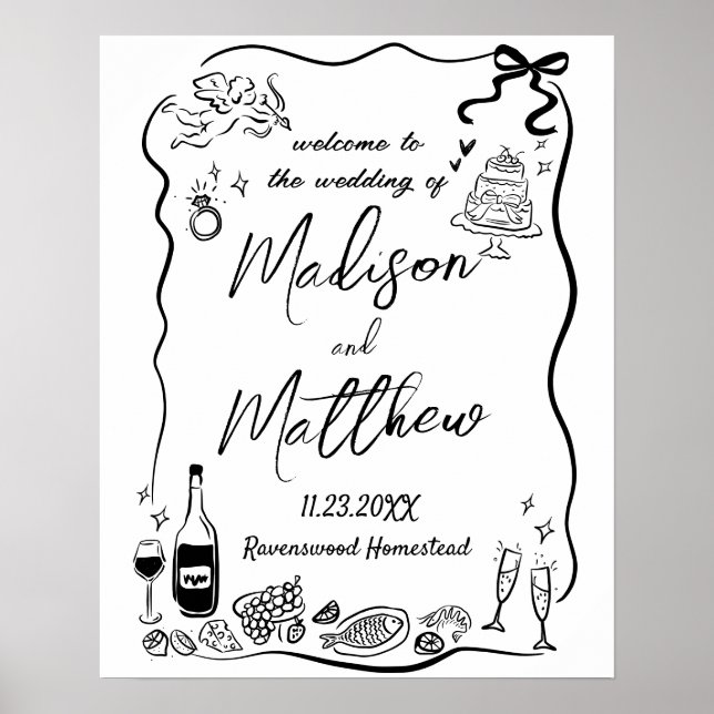 Whimsical Handritade Illustrationer Doodle Bröllop Poster (Framsidan)