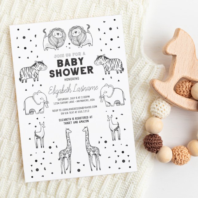 Whimsical Handritade Safari Djur Baby Shower Inbjudningar (Skapare uppladdad)