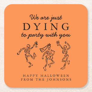 Whimsical Handritade Skelett Halloweenfest Underlägg Papper Kvadrat