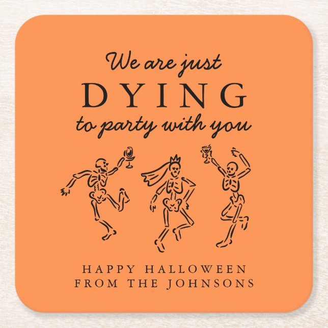 Whimsical Handritade Skelett Halloweenfest Underlägg Papper Kvadrat (Framsidan)