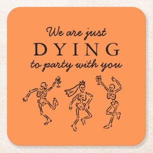Whimsical Handritade Skelett Halloweenfest Underlägg Papper Kvadrat
