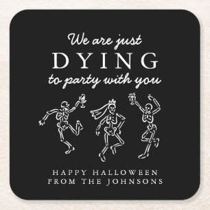 Whimsical Handritade Skelett Halloweenfest Underlägg Papper Kvadrat