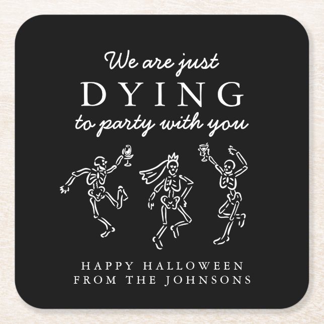 Whimsical Handritade Skelett Halloweenfest Underlägg Papper Kvadrat (Framsidan)