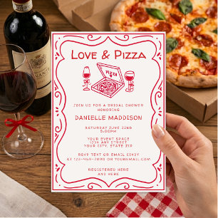 Whimsical Handritat Kärlek & Pizza Bröllopsdusch Inbjudningar