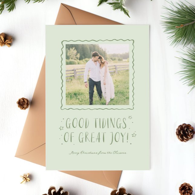 Whimsical Handskriven God Jul Hälsning  Julkort (Religious Christmas photo card with handwritten good tidings of great joy and squiggle photo border)