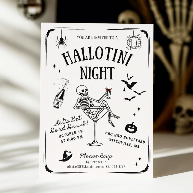 Whimsical Handskriven Skelett Martini Halloween  Inbjudningar (Skapare uppladdad)