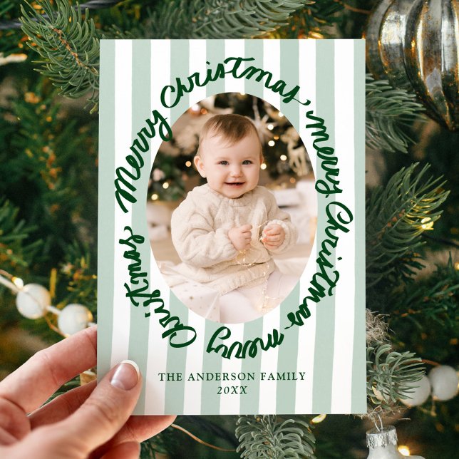 Whimsical Handwritten Merry Christmas Green Photo Julkort (Skapare uppladdad)