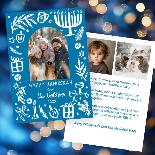 Whimsical Hanukkah Cute Custom Arch 3 PHOTO  Julkort (Whimsical Hanukkah Cute Doodle Hand-Drawn Menorah Custom Arch 3 PHOTO Holiday Card
)