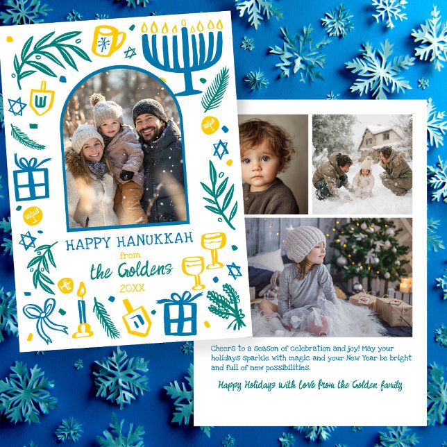 Whimsical Hanukkah Cute Custom Arch 4 PHOTO  Julkort (Whimsical Happy Hanukkah Cute Doodles Hand-drawn Custom Arch 4 PHOTO Holiday Card
)