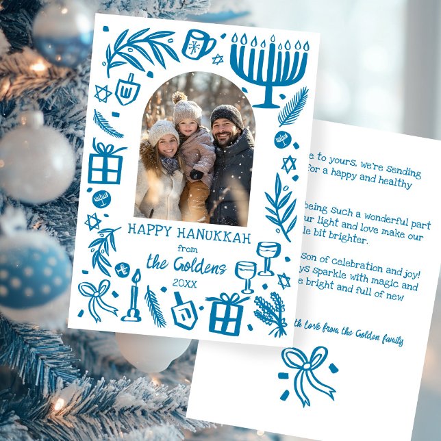 Whimsical Hanukkah Cute Custom Arch PHOTO  Julkort (Whimsical Hanukkah Cute Doodle Hand-drawn Custom Arched PHOTO Holiday Card
)
