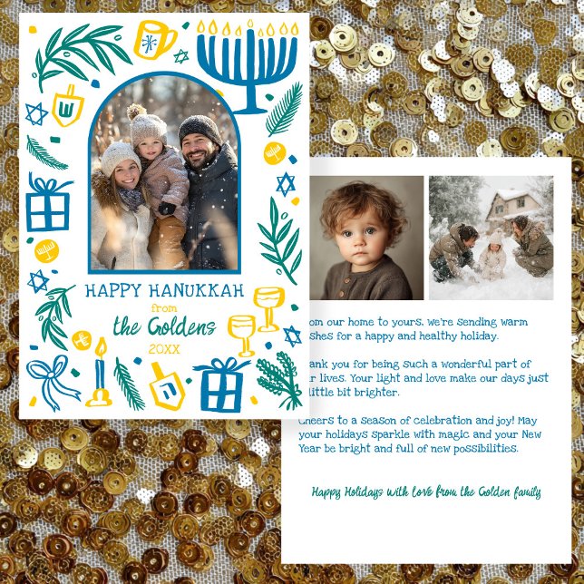 Whimsical Hanukkah Söt Anpassningsbar Båge 3 FOTO  Julkort (Whimsical Happy Hanukkah Cute Doodles Custom Arch 3 PHOTO Hand-drawn Holiday Card
)
