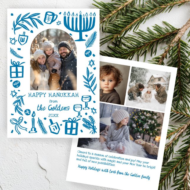 Whimsical Hanukkah Söt Anpassningsbar Båge 4 FOTO  Julkort (Whimsical Hanukkah Cute Doodle Hand-Drawn Custom Arch 4 PHOTO Holiday Card
)