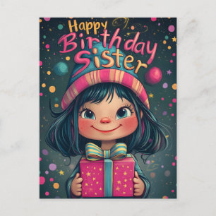 Whimsical Happy Birthday Syster Illustration  Helg Vykort