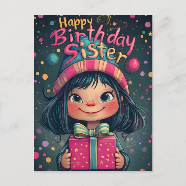 Whimsical Happy Birthday Syster Illustration  Helg Vykort (Framsida)