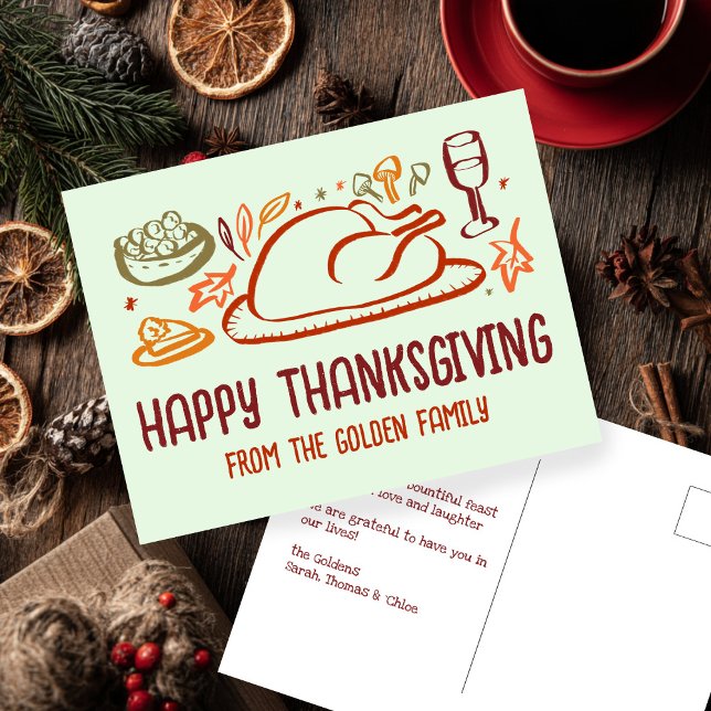 Whimsical Happy thanksgiving Friendsgiving Anpassn Vykort (Whimsical Happy Thanksgiving Friendsgiving Doodle Sketch Hand-drawn Custom Postcard
)